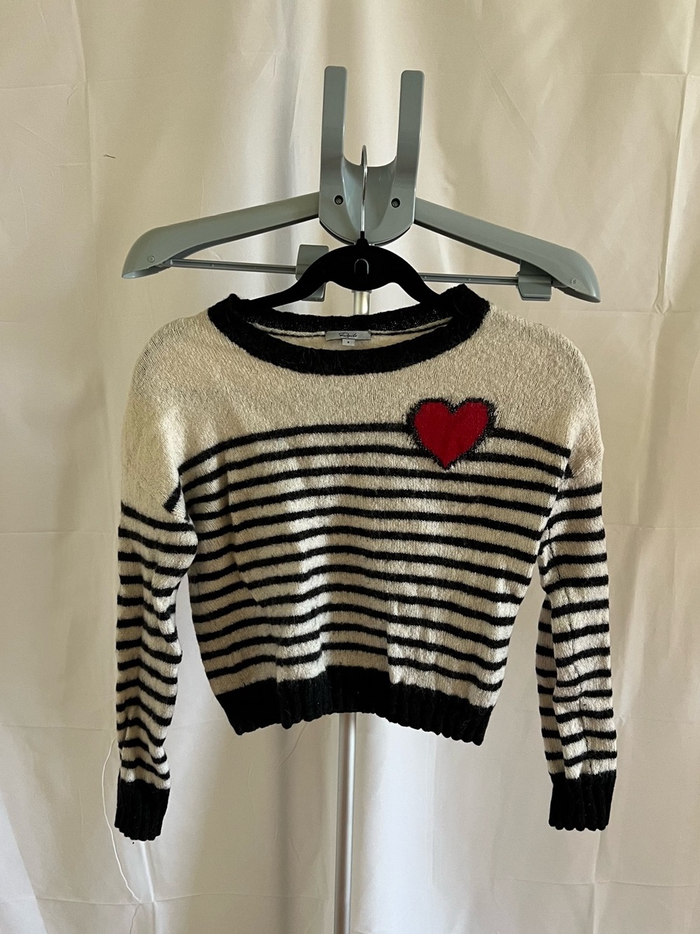 Rails Striped Cream & Black Crewneck Sweater with Red Heart